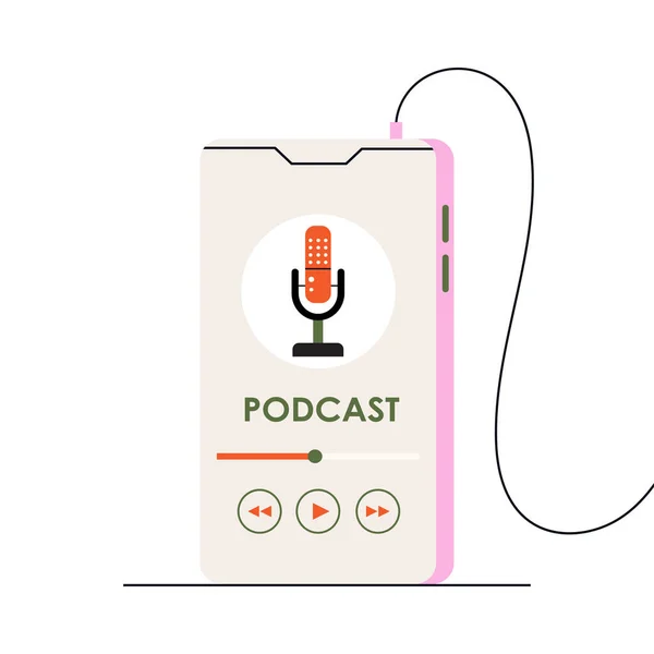 Διανυσματική Επίπεδη Απεικόνιση Του Smartphone Εφαρμογή Podcast Στην Οθόνη Ιδέα — Διανυσματικό Αρχείο