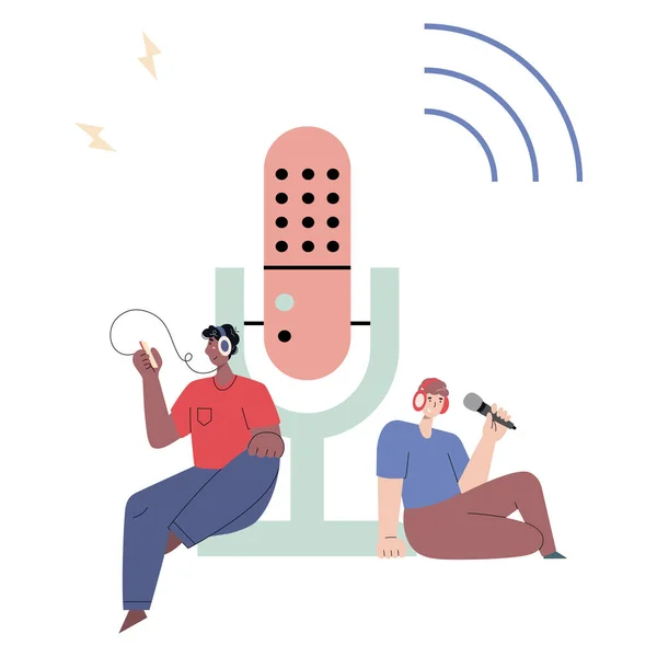 Vektorillustration Von Zwei Männern Die Audio Podacst Aufnehmen Und Hören — Stockvektor