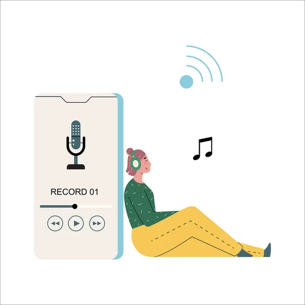 Kobieta Słuchająca Podcastu Audio Lub Muzyki Siedzącej Pobliżu Dużego Smartfona — Wektor stockowy