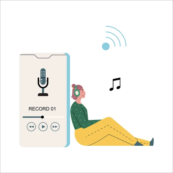 女性は大きなスマートフォンの近くに座ってオーディオポッドキャストや音楽を聞いて ポッドキャストのコンセプト 白に隔離されたベクトルフラットイラスト — ストックベクタ