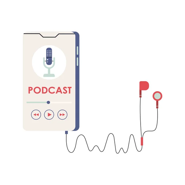 Ilustración Plana Vectorial Del Teléfono Inteligente Con Aplicación Podcast Pantalla — Vector de stock