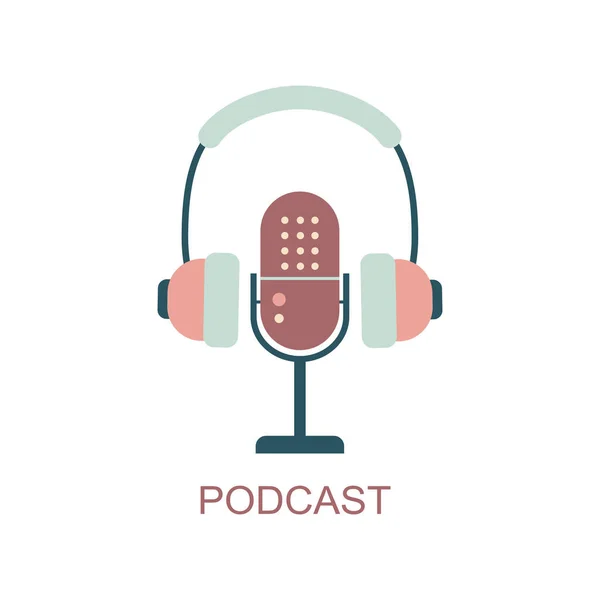 Icono Del Micrófono Con Auriculares Ilustración Plana Vectorial Podcast Concepto — Vector de stock