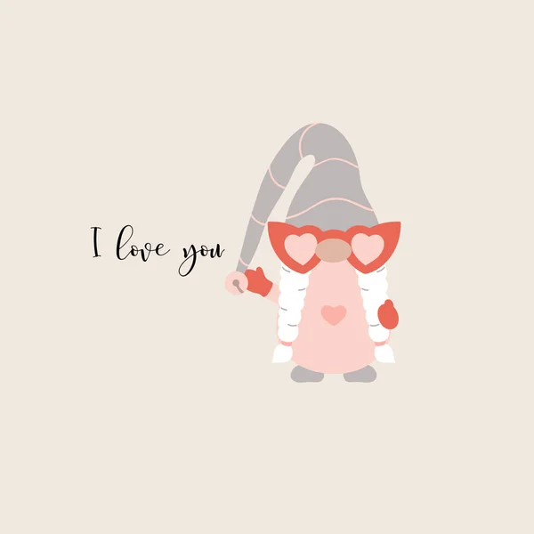 Valentine Gnome Okularach Kształcie Serca Kocham Cię Liter Frazy Ilustracja — Wektor stockowy