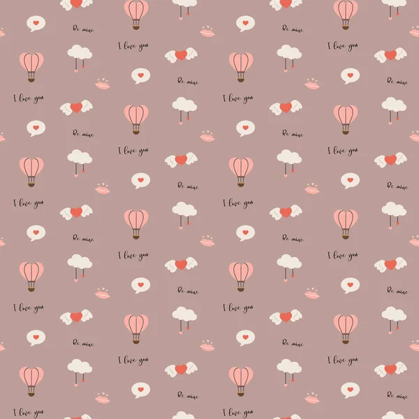 Seamless Pattern Hearts Air Balloons Clouds Kissing Lips Valentines Day — Stock Vector