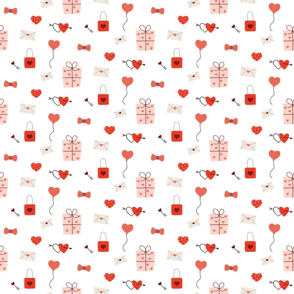 Valentine Seamless Pattern Gift Boxes Hearts Bows Envelopes Balloons — Stock Vector