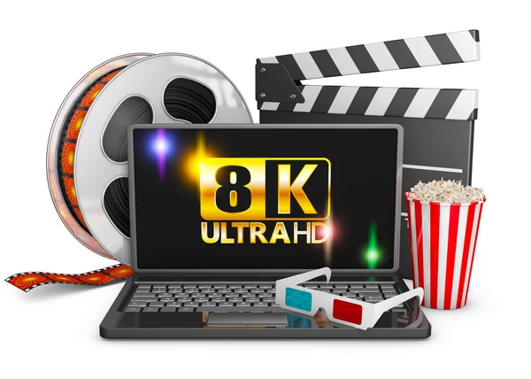 8k Laptop, Popcorn und Filmstreifen — Stockfoto