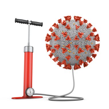 Beyaz arka planda el pompası ve koronavirüs molekülü. 3d hazırlayıcı.