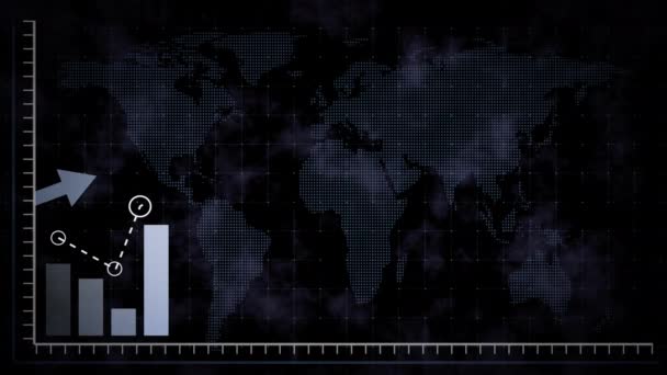 Gráfico Barras Azul Ascendente Siguiendo Flecha Sobre Fondo Mapa Mundial — Vídeo de stock