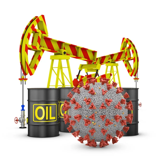 Coronavirus Barriles Petróleo Bombas Sobre Fondo Blanco Renderizado — Foto de Stock
