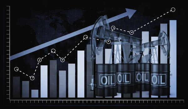 Oil Barrels Background Rising Arrow Graph Rendering — Foto de Stock