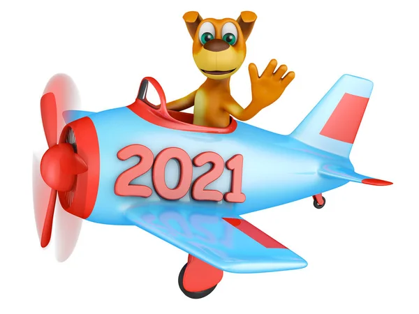 Dog in an airplane with an inscription 2021 on a white background. 3D rendering.