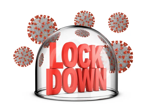 Volumetrische Tekst Lockdown Een Glazen Koepel Waaromheen Coronavirussen Weergave — Stockfoto