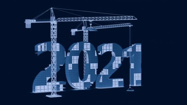 Dwa Żurawie Wieżowe Budujące Postać Objętościową 2021 Roku Niebieskim Odcieniu — Wideo stockowe