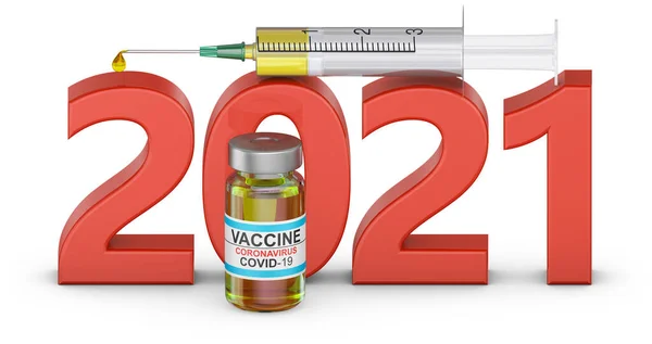 Volumetrische Tekst 2021 Met Een Spuit Een Fles Covid Vaccin — Stockfoto