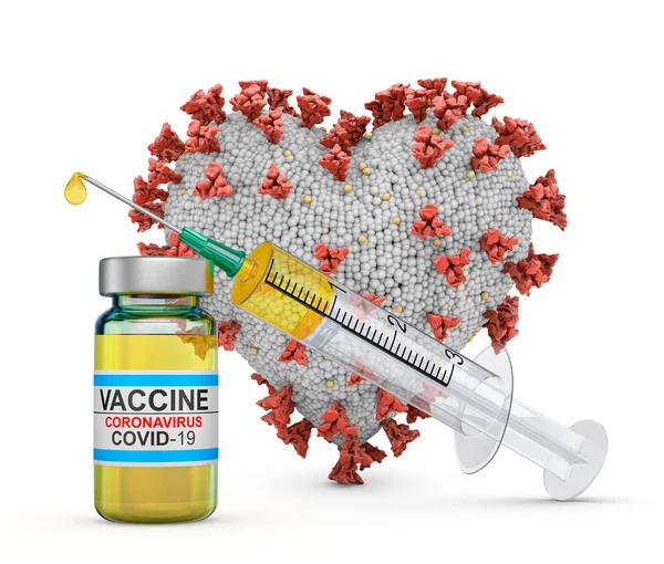Coronavírus Forma Coração Lado Uma Seringa Uma Vacina Renderização — Fotografia de Stock