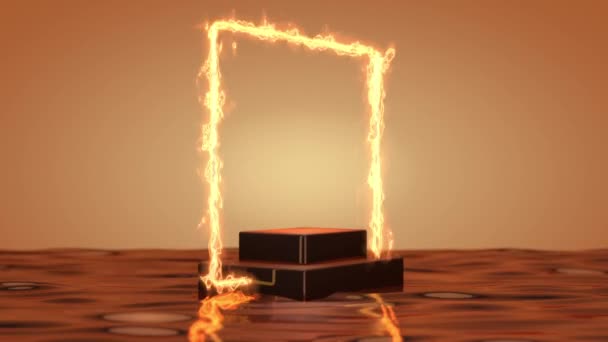 Rotating Podium Fiery Square Frame Background Liquid Waves Tinted Gold — Video Stock