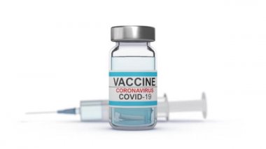 Coronavirus aşı şişesi ve şırınga arka planda. 3B görüntüleme