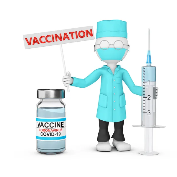 注射器付きのラボコートの医者はワクチンのボトルの隣に立っています 3Dレンダリング — ストック写真