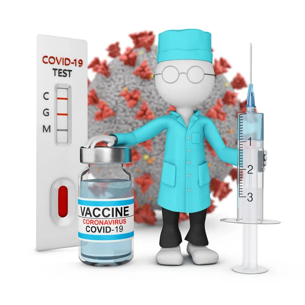 注射器とワクチンを備えた研究室のコートの医者は コロナウイルス分子を背景にした明示的なテストの隣に立っています 3Dレンダリング — ストック写真