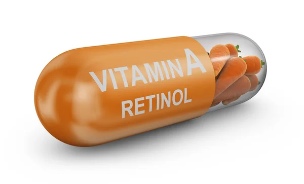 Cápsula Con Una Inscripción Vitamina Retinol Lleno Zanahorias — Foto de Stock