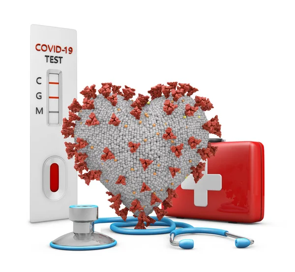 聴診器 赤いスーツケースとテストの隣に心臓の形をしたコロナウイルス 3Dレンダリング — ストック写真
