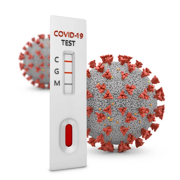 白い背景に抗体とコロナウイルス分子の検出のための迅速なテスト 3Dレンダリング — ストック写真