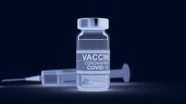 Flacon Met Coronavirus Vaccin Spuit Achtergrond Blauw Getint Weergave — Stockvideo