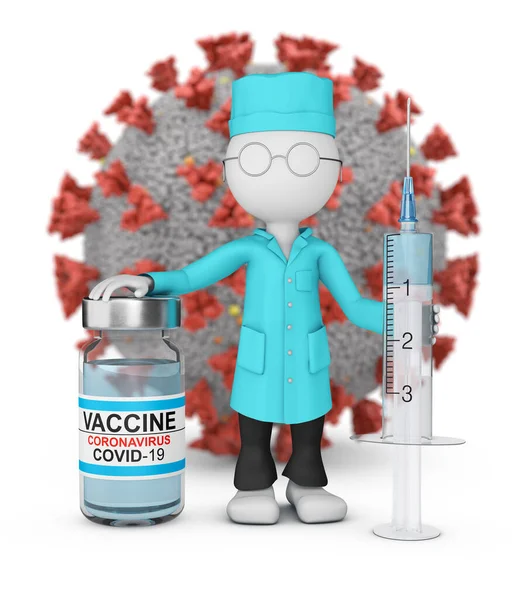 コロナウイルス分子を背景に注射器とワクチンを備えた研究室のコートの医者が立っています 3Dレンダリング — ストック写真
