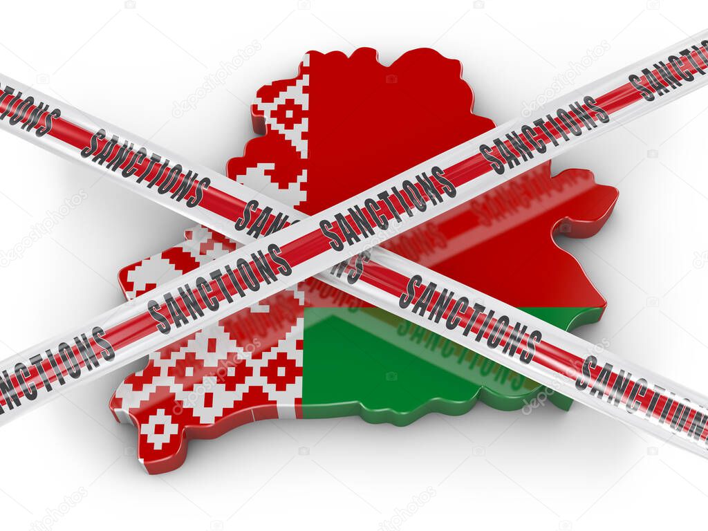 Volumetric map of Belarus with the flag and protective tape with the inscription Sanctions. 3d render