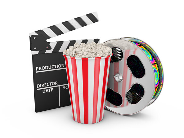 Popcorn, reel of film and clapboard on white background