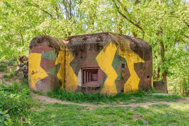 Breclav Pohansko, CZECH REPUBLIC - APRIL 8, 2021: Light fortifications from World War II on the Moravian border. Concrete fortifications clipart