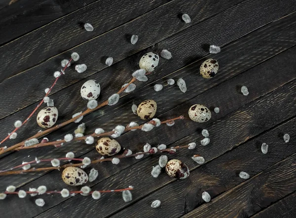 Bouquet Willow Flowers Quail Eggs Lie Dark Wooden Background — Stock Photo, Image