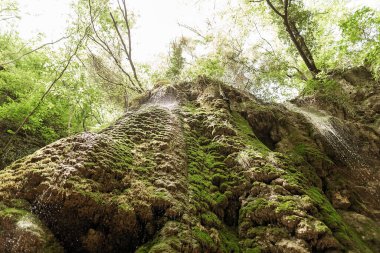 Dağ sırasının yamaçları yosun ve otlarla kaplıdır. Şelale.