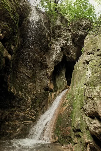 Dağ sırasının yamaçları yosun ve otlarla kaplıdır. Şelale.