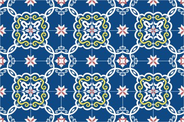 Mavi, sarı ve pembe geleneksel süslü Portekiz ve Brezilya fayans azulejos. Vektör çizim.