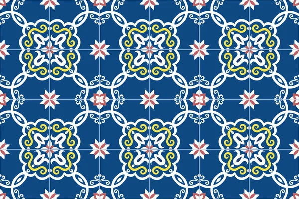 Díszes hagyományos portugál és brazil csempe azulejos kék, sárga és rózsaszín. Vektoros illusztráció. — Stock Vector