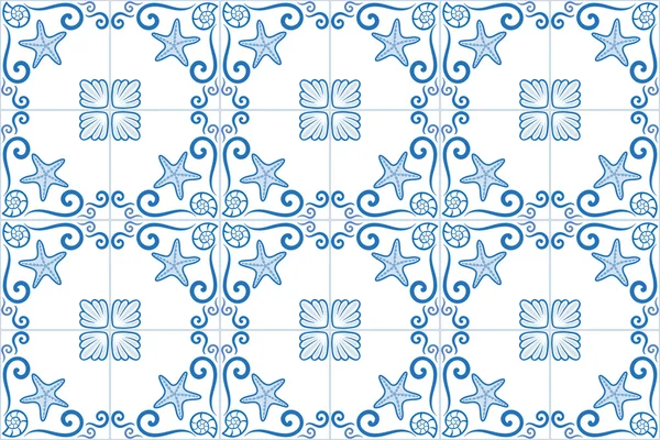 Ornate azulejo styled tiles with seaside theme. Starfish and shells. Marine theme in bleu color. Vector illustration. Portuguese and brazilian tiles. — Stock Vector