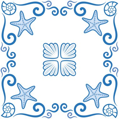 Seamless modeli. Sahil Tema taşlarla süslü azulejo tarz. Deniz yıldızı ve kabukları. Deniz tema mavi renkli. Vektör çizim. Portekiz ve Brezilya fayans.