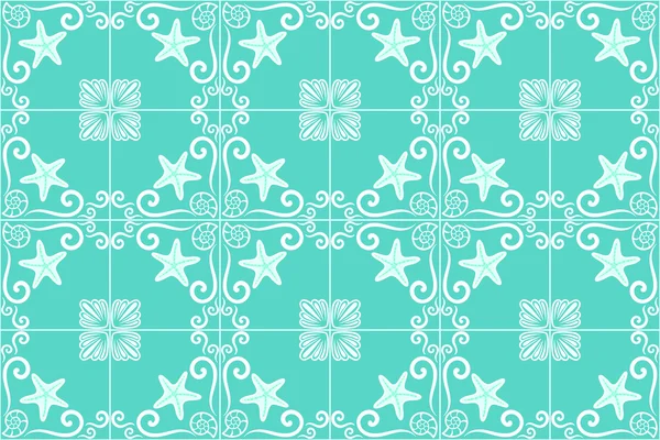 Ornate azulejo styled tiles with seaside theme in turquoise. Starfish and shells. Marine theme in blue color. Vector illustration. Portuguese and brazilian tiles. — Stock Vector