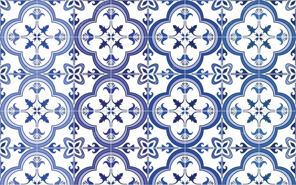 Traditional ornate portuguese tiles azulejos. Vector illustration. 4 color variations in blue.