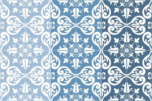 Azulejos portugueses ornamentados tradicionales. Ilustración vectorial. 4 variaciones de color en azul . — Archivo Imágenes Vectoriales