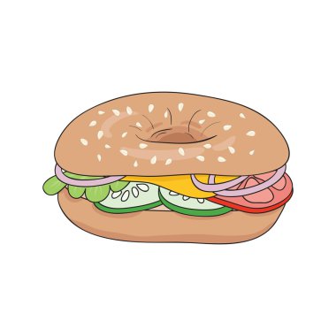 Taze simit sandviç sebze ve peynir ile. Vektör çizim.