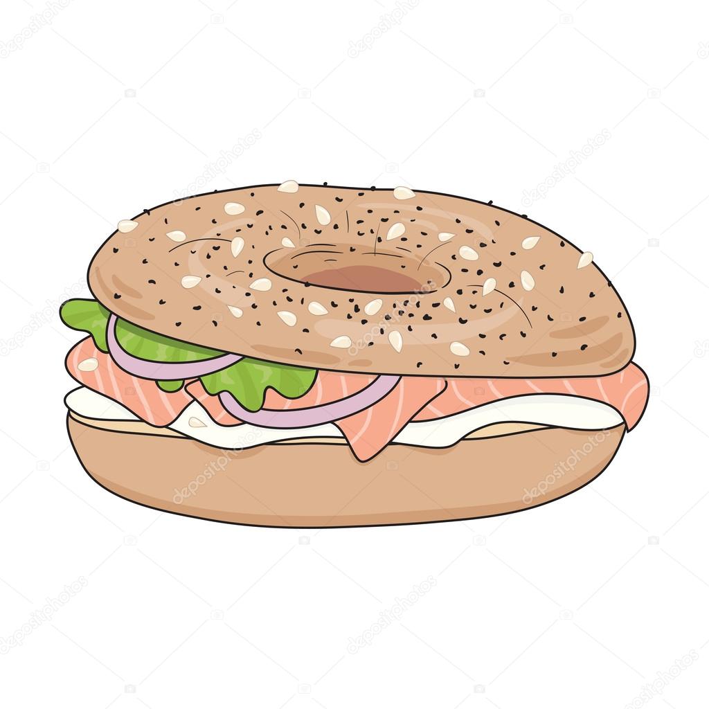 Fresh bagel sandwich with cream cheese and salmon. Poppy seeds and sesame on top.   Vector illustration.