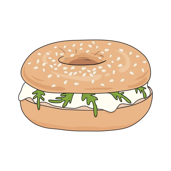 Friss bagel szendvics krém, rucolával. Szezámmag a tetejére. Vektoros illusztráció. — Stock Vector