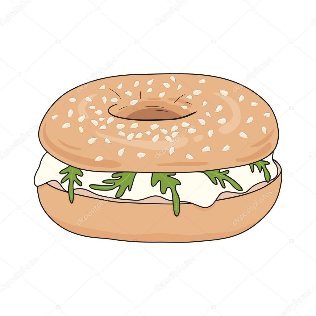 Fresh bagel sandwich with cream cheese and rucola. Sesame seeds on top. Vector illustration.