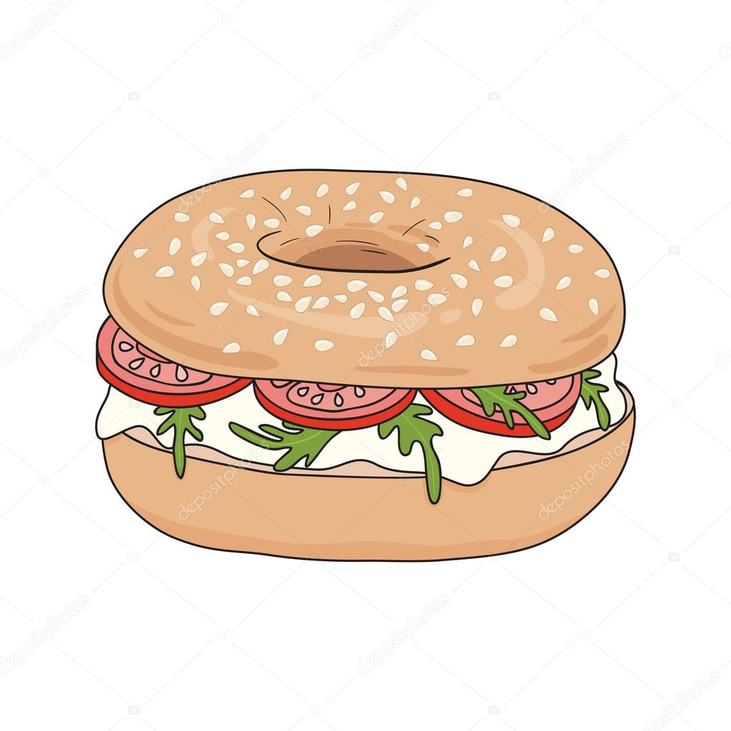 Fresh bagel sandwich with cream cheese, rucola and tomato. Sesame seeds on top. Vector illustration.