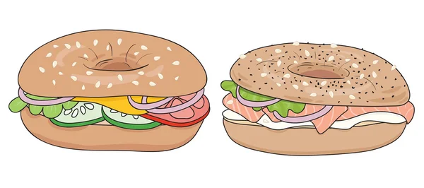 Set mit 2 frischen Bagel-Sandwiches. Lachs und Frischkäse, Gemüse und Käse. Vektorillustration. — Stockvektor