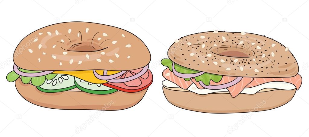 Set of 2 fresh bagel sandwiches. Salmon and cream cheese, vegetables and cheese.   Vector illustration.