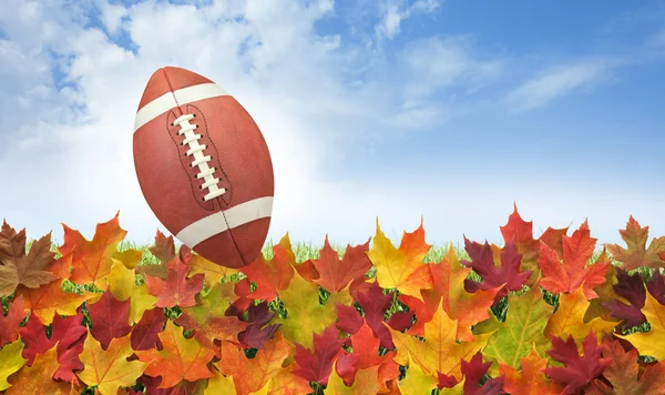 Fotbal s podzim listí na trávě, modrá obloha a mraky — Stock fotografie