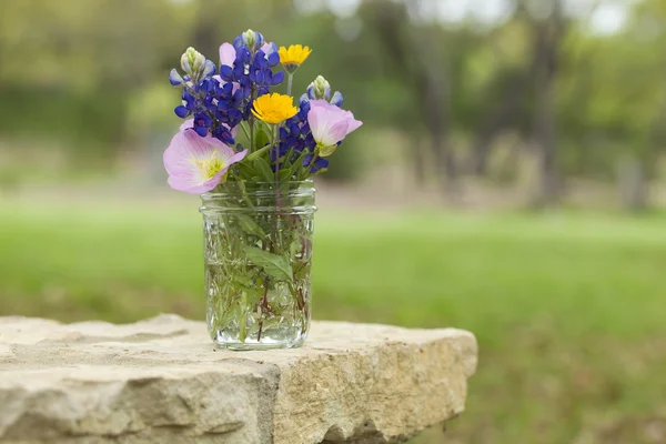 Strauß texanischer Wildblumen in einem Glas auf Steinmauer — Stockfoto